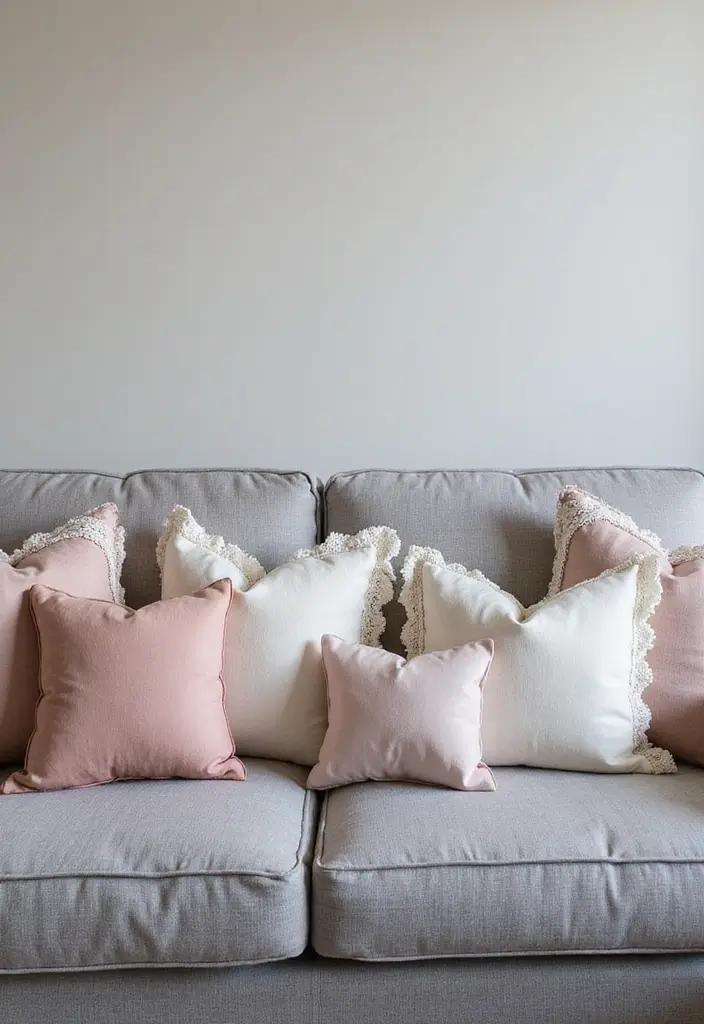 26 Grey Sofa with Pillows Ideas: Neutral Yet Never Boring 22 26 Grey Sofa with Pillows Ideas: Neutral Yet Never Boring - 22. Romantic Touches