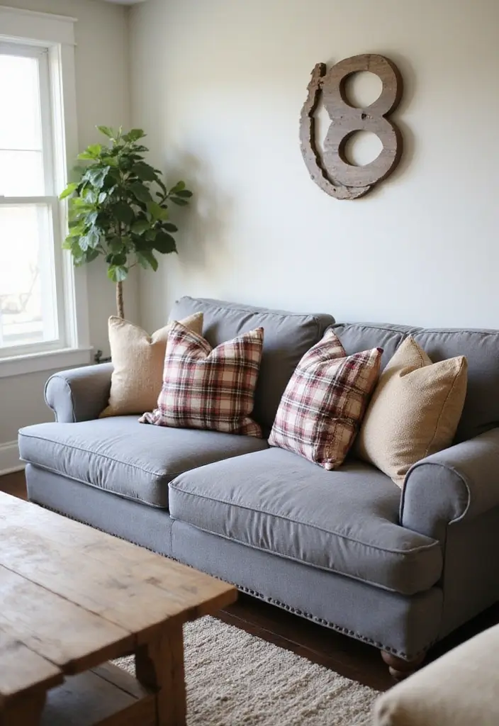 26 Grey Sofa with Pillows Ideas: Neutral Yet Never Boring 23 26 Grey Sofa with Pillows Ideas: Neutral Yet Never Boring - 23. Rustic Charm