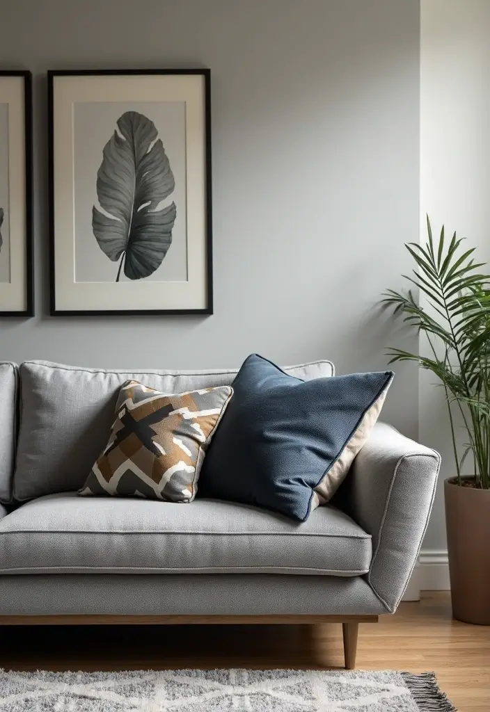 26 Grey Sofa with Pillows Ideas: Neutral Yet Never Boring 24 26 Grey Sofa with Pillows Ideas: Neutral Yet Never Boring - 24. Bold Statement Pillows