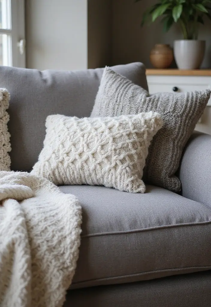 26 Grey Sofa with Pillows Ideas: Neutral Yet Never Boring 4 26 Grey Sofa with Pillows Ideas: Neutral Yet Never Boring - 4. Textured Layers