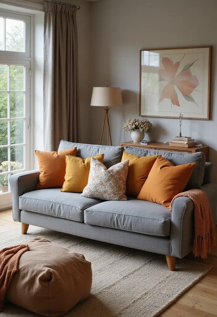 26 Grey Sofa with Pillows Ideas: Neutral Yet Never Boring 8 26 Grey Sofa with Pillows Ideas: Neutral Yet Never Boring - 8. Contrast with Warm Tones