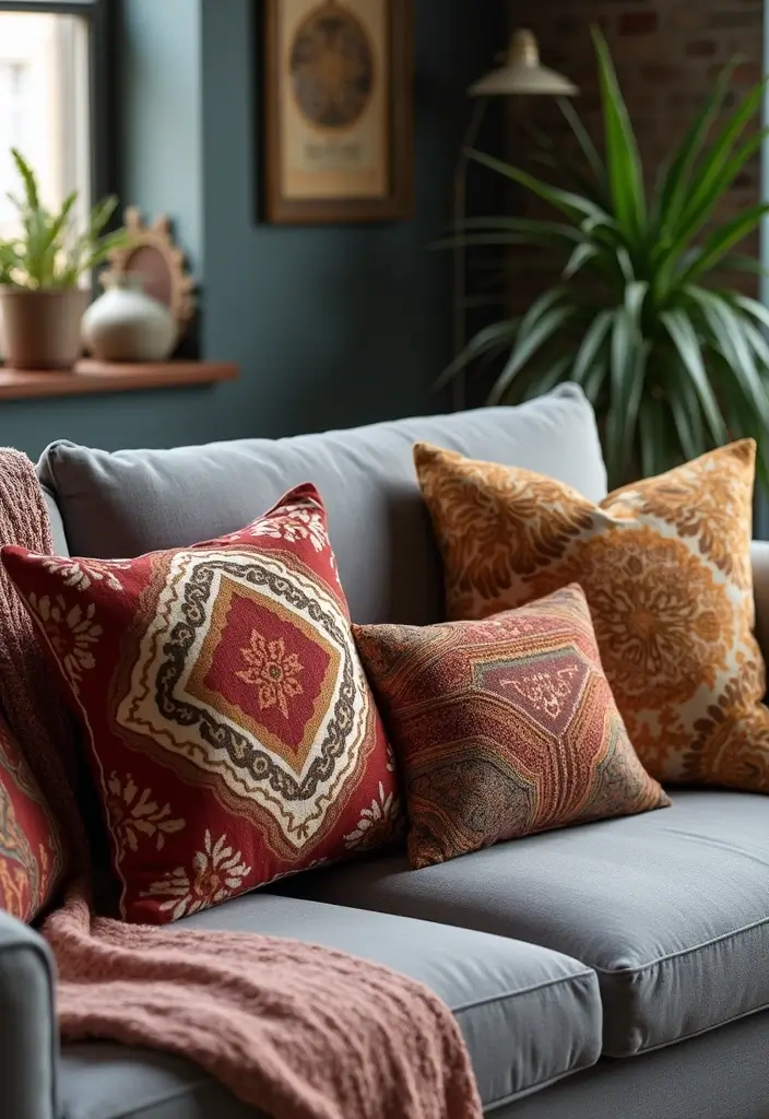 26 Grey Sofa with Pillows Ideas: Neutral Yet Never Boring 9 26 Grey Sofa with Pillows Ideas: Neutral Yet Never Boring - 9. Vintage Vibes