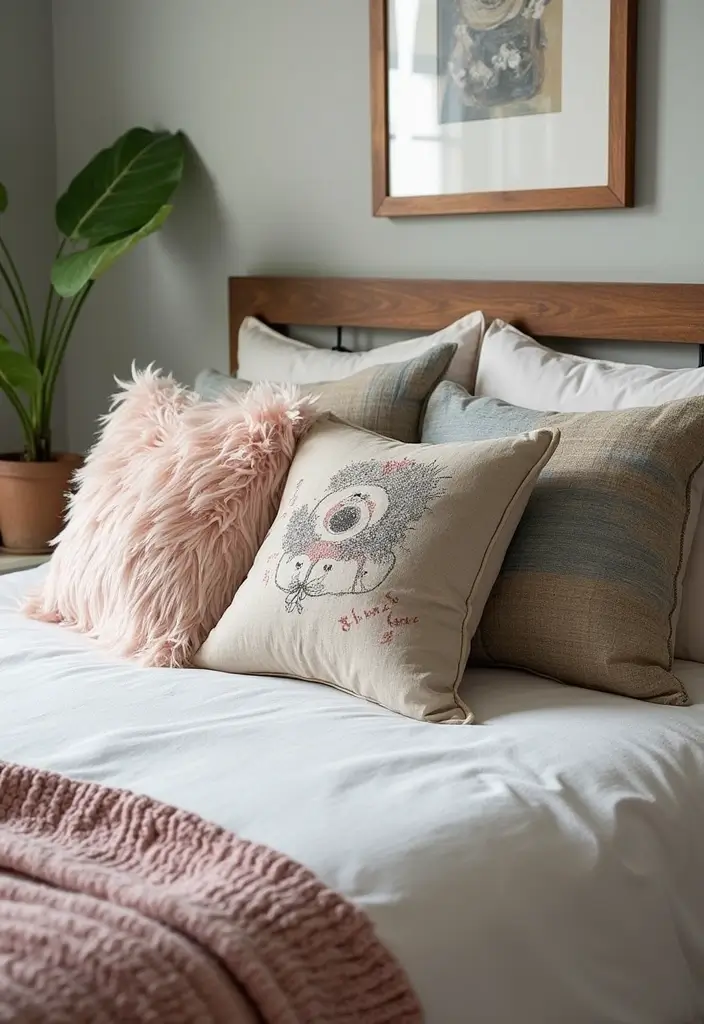 26 Throw Blanket and Pillow Ideas for Beds You’ll Love 12 26 Throw Blanket and Pillow Ideas for Beds You’ll Love - 12. Artistic Throw Pillows
