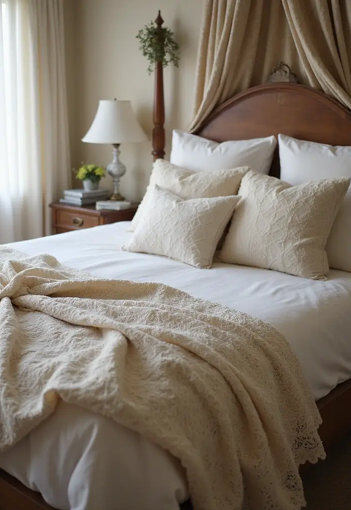 26 Throw Blanket and Pillow Ideas for Beds You’ll Love 17 26 Throw Blanket and Pillow Ideas for Beds You’ll Love - 17. Vintage Lace Accents