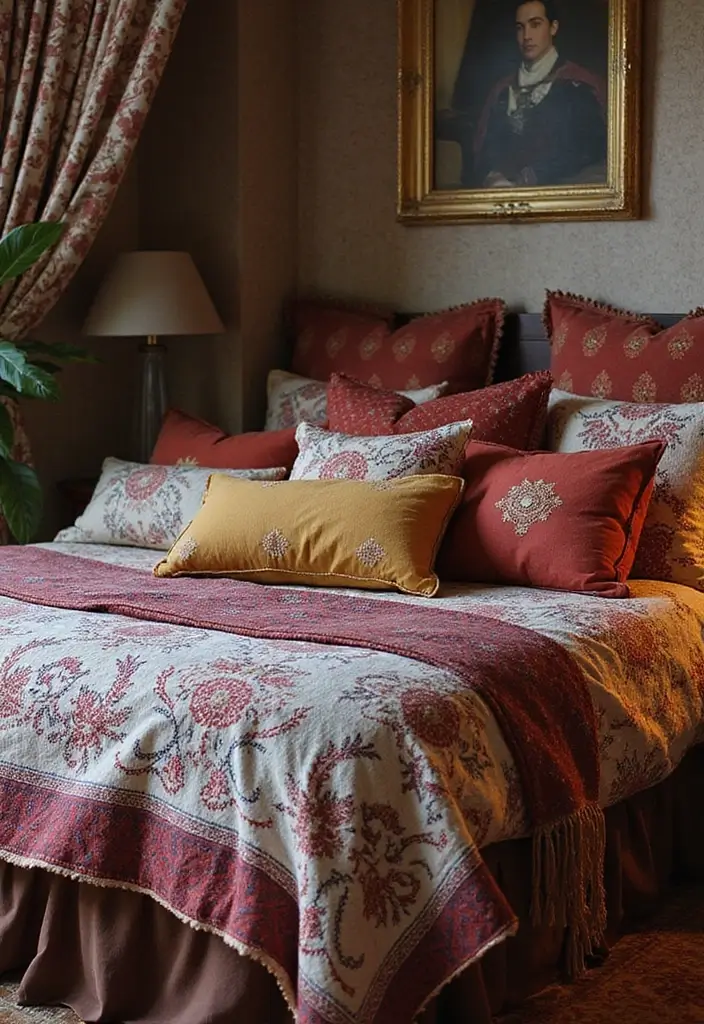 26 Throw Blanket and Pillow Ideas for Beds You’ll Love 23 26 Throw Blanket and Pillow Ideas for Beds You’ll Love - 23. Mix and Match Traditional Textiles