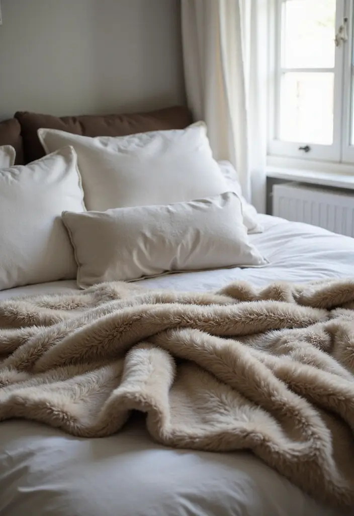 26 Throw Blanket and Pillow Ideas for Beds You’ll Love 3 26 Throw Blanket and Pillow Ideas for Beds You’ll Love - 3. Oversized Faux Fur Throw