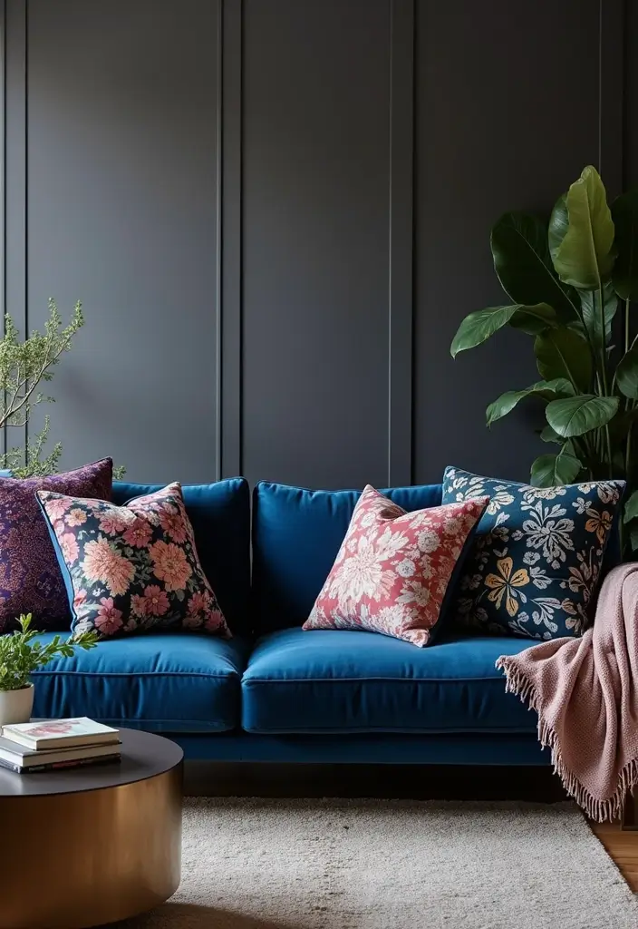 26 Throw Pillows for a Navy Blue Couch That Instantly Elevate Your Space 1 26 Throw Pillows for a Navy Blue Couch That Instantly Elevate Your Space - 1. Printed Velvet Pillows