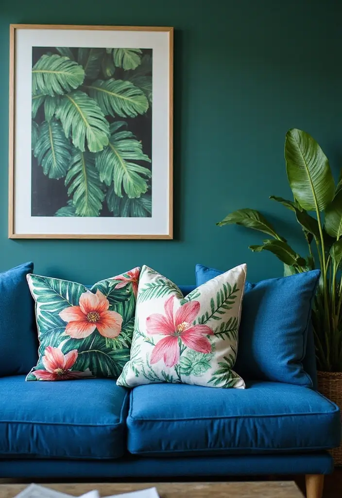 26 Throw Pillows for a Navy Blue Couch That Instantly Elevate Your Space 11 26 Throw Pillows for a Navy Blue Couch That Instantly Elevate Your Space - 11. Tropical Inspirations