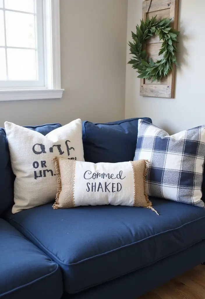 26 Throw Pillows for a Navy Blue Couch That Instantly Elevate Your Space 13 26 Throw Pillows for a Navy Blue Couch That Instantly Elevate Your Space - 13. Rustic Farmhouse
