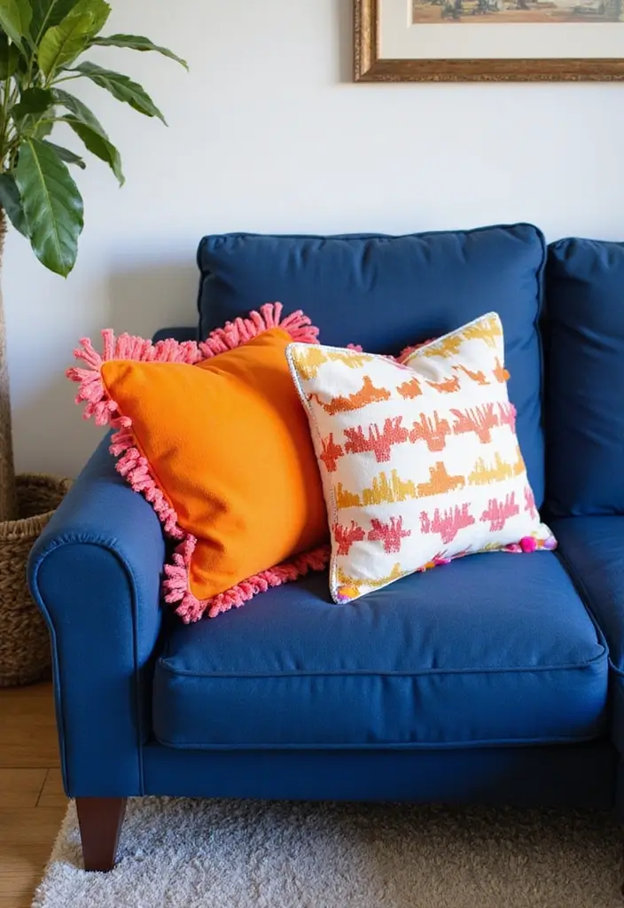 26 Throw Pillows for a Navy Blue Couch That Instantly Elevate Your Space 16 26 Throw Pillows for a Navy Blue Couch That Instantly Elevate Your Space - 16. Fun Pom-Poms and Fringe