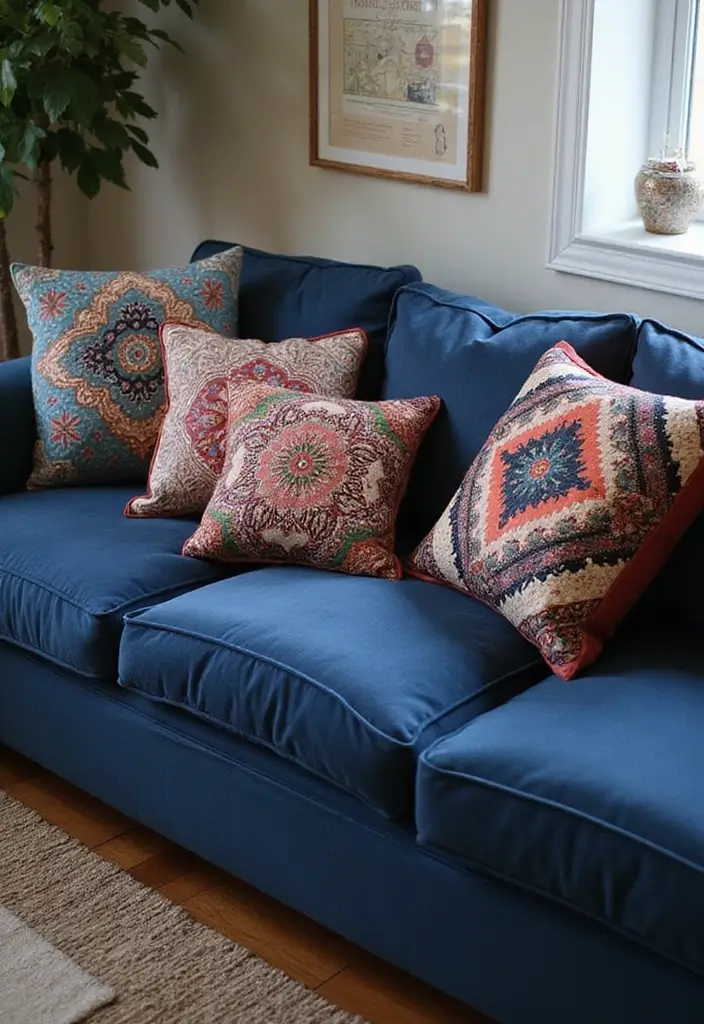 26 Throw Pillows for a Navy Blue Couch That Instantly Elevate Your Space 17 26 Throw Pillows for a Navy Blue Couch That Instantly Elevate Your Space - 17. Artistic Textiles