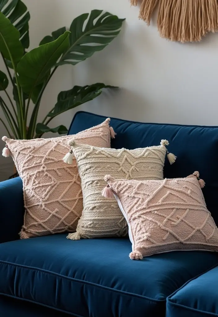 26 Throw Pillows for a Navy Blue Couch That Instantly Elevate Your Space 5 26 Throw Pillows for a Navy Blue Couch That Instantly Elevate Your Space - 5. Bohemian Macrame