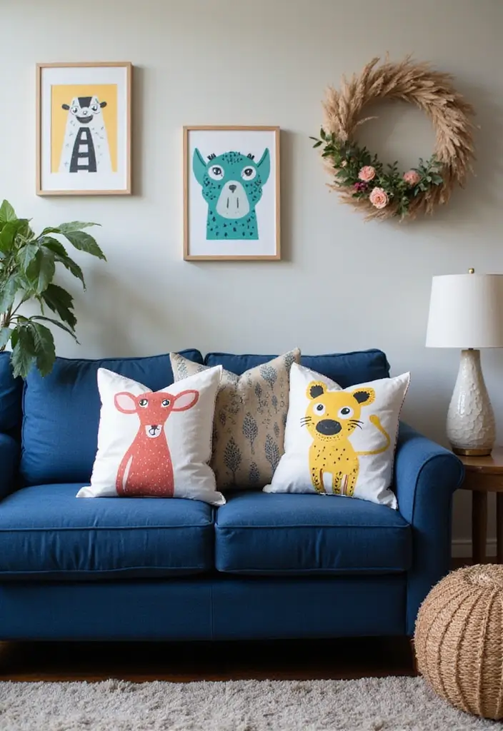 26 Throw Pillows for a Navy Blue Couch That Instantly Elevate Your Space 6 26 Throw Pillows for a Navy Blue Couch That Instantly Elevate Your Space - 6. Whimsical Animal Prints