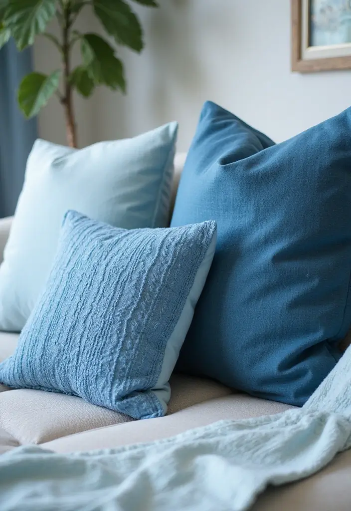 27 Blue Sofa Pillow Ideas That Bring Coastal Calm Energy 1 27 Blue Sofa Pillow Ideas That Bring Coastal Calm Energy - 1. Ocean Blue Textured Pillows