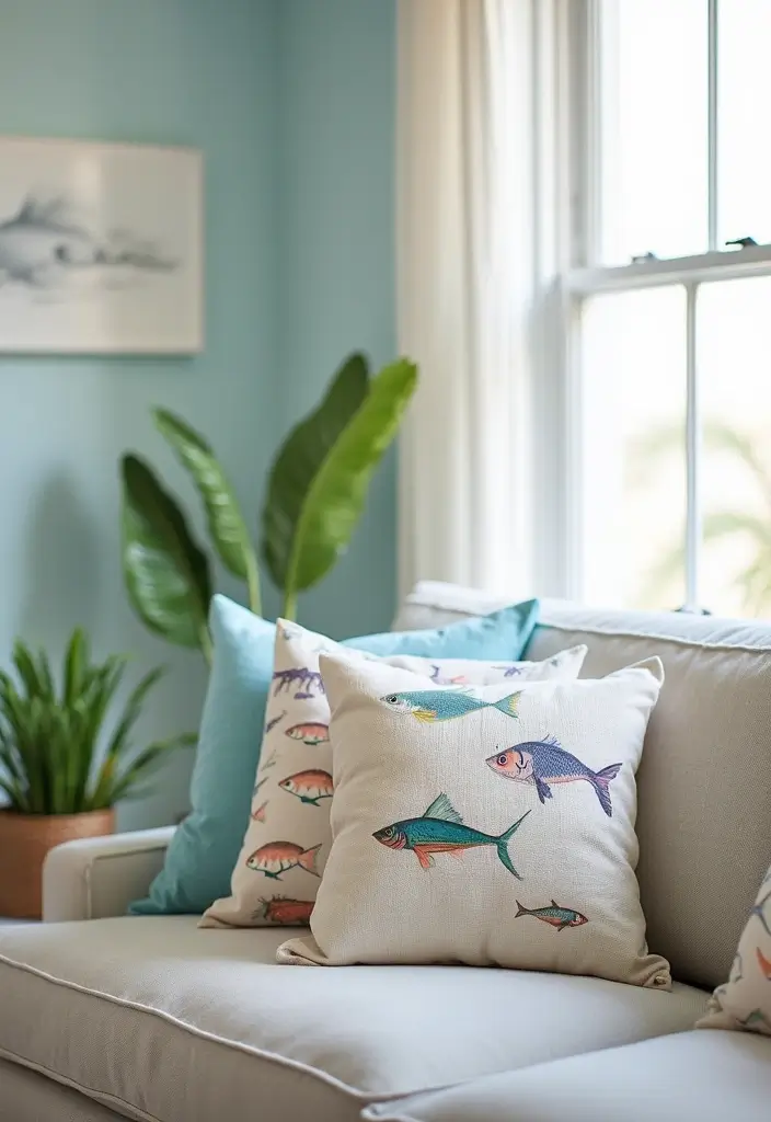 27 Blue Sofa Pillow Ideas That Bring Coastal Calm Energy 12 27 Blue Sofa Pillow Ideas That Bring Coastal Calm Energy - 12. Whimsical Fish Prints