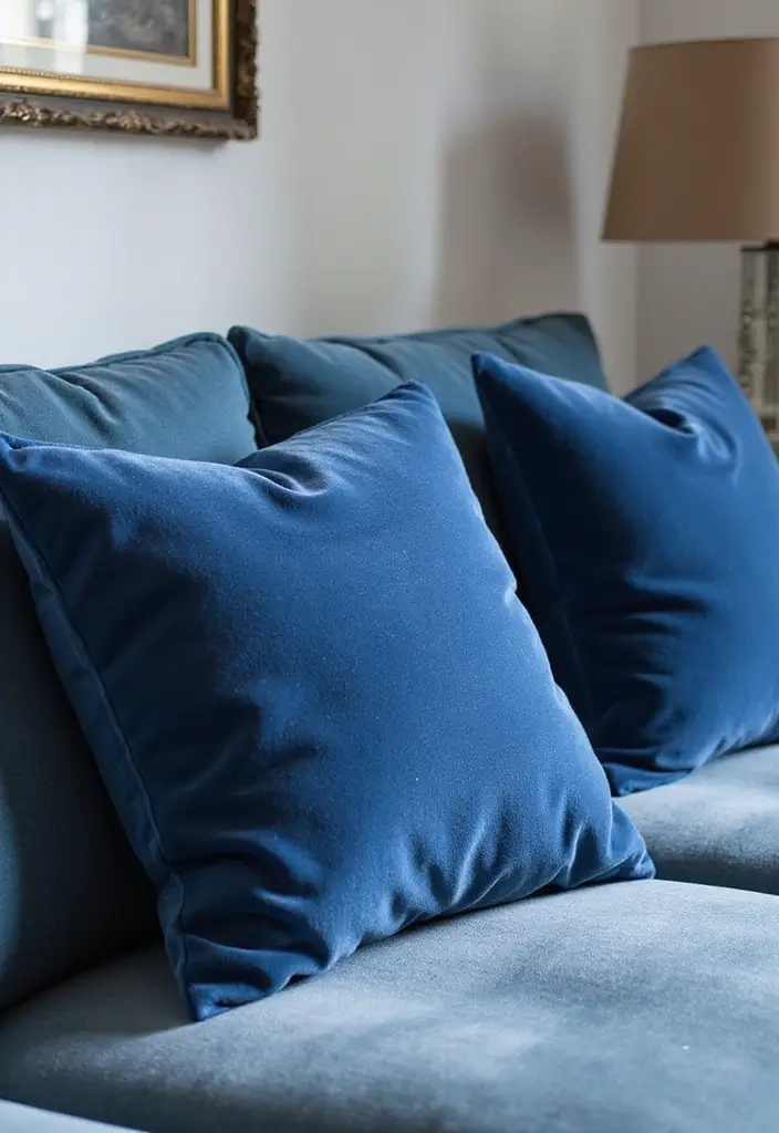 27 Blue Sofa Pillow Ideas That Bring Coastal Calm Energy 13 27 Blue Sofa Pillow Ideas That Bring Coastal Calm Energy - 13. Textured Velvet Luxury