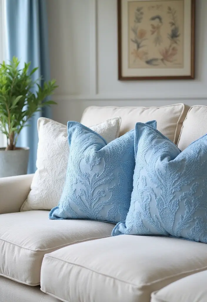 27 Blue Sofa Pillow Ideas That Bring Coastal Calm Energy 16 27 Blue Sofa Pillow Ideas That Bring Coastal Calm Energy - 16. Vintage Lace Accents