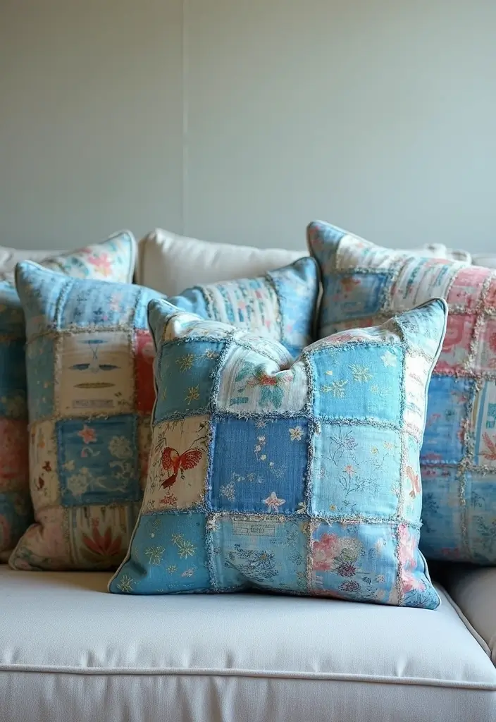 27 Blue Sofa Pillow Ideas That Bring Coastal Calm Energy 17 27 Blue Sofa Pillow Ideas That Bring Coastal Calm Energy - 17. Patchwork Pillows for a Collected Look