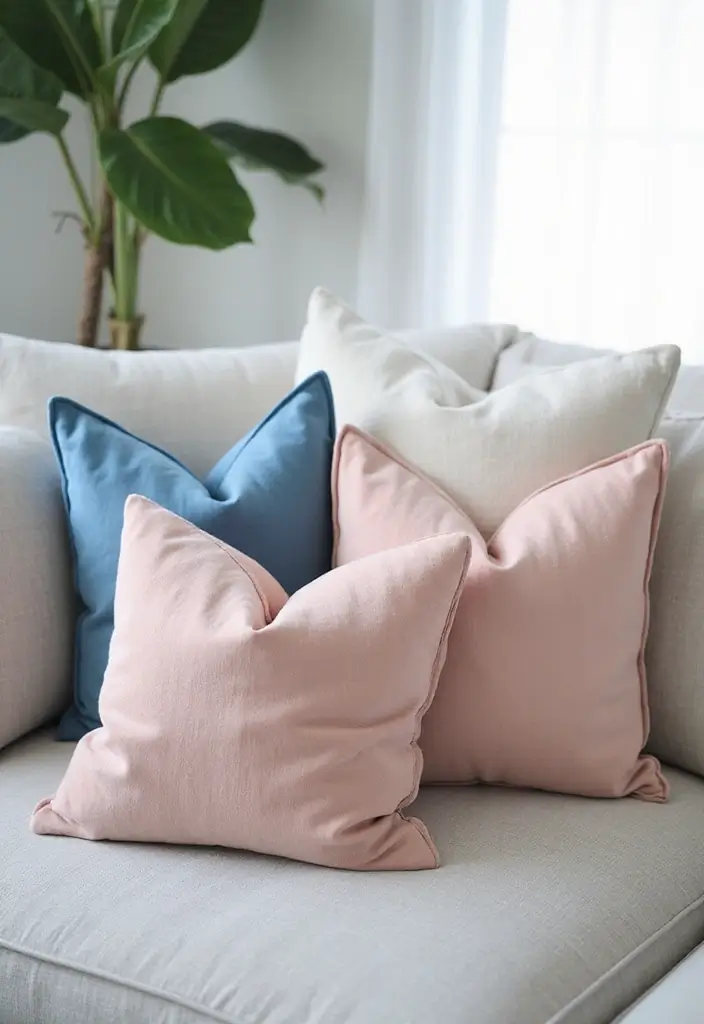 27 Blue Sofa Pillow Ideas That Bring Coastal Calm Energy 22 27 Blue Sofa Pillow Ideas That Bring Coastal Calm Energy - 22. Soft Velvet Blush and Blue Combos