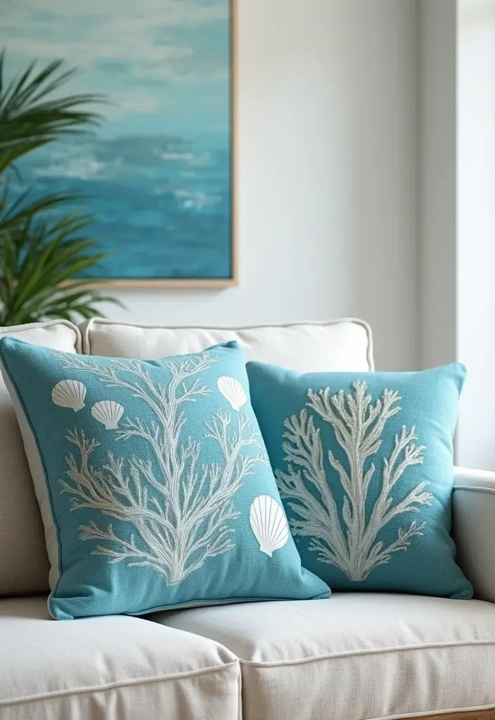 27 Blue Sofa Pillow Ideas That Bring Coastal Calm Energy 24 27 Blue Sofa Pillow Ideas That Bring Coastal Calm Energy - 24. Artistic Shell and Coral Designs