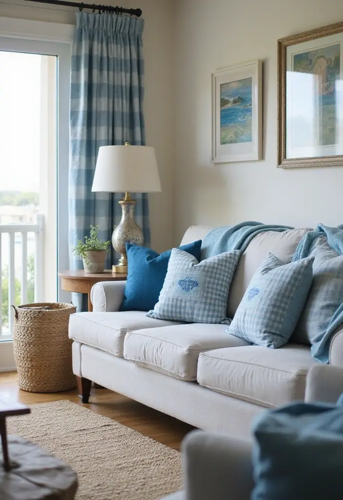 27 Blue Sofa Pillow Ideas That Bring Coastal Calm Energy 25 27 Blue Sofa Pillow Ideas That Bring Coastal Calm Energy - 25. Quintessential Checks and Plaids