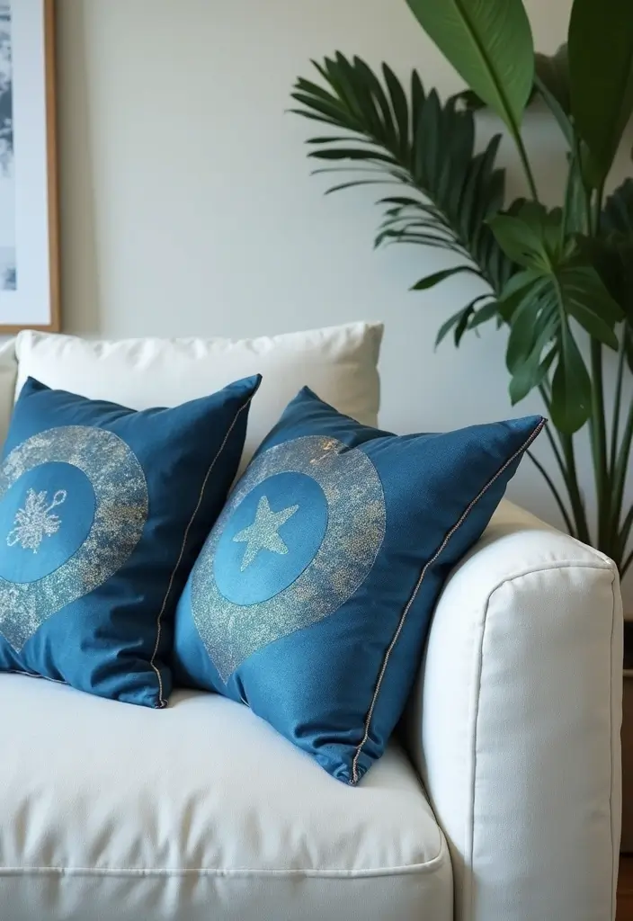 27 Blue Sofa Pillow Ideas That Bring Coastal Calm Energy 27 27 Blue Sofa Pillow Ideas That Bring Coastal Calm Energy - 27. Reflective Metallic Accents