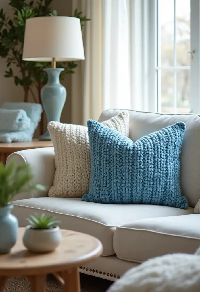 27 Blue Sofa Pillow Ideas That Bring Coastal Calm Energy 4 27 Blue Sofa Pillow Ideas That Bring Coastal Calm Energy - 4. Textured Knits for Cozy Comfort