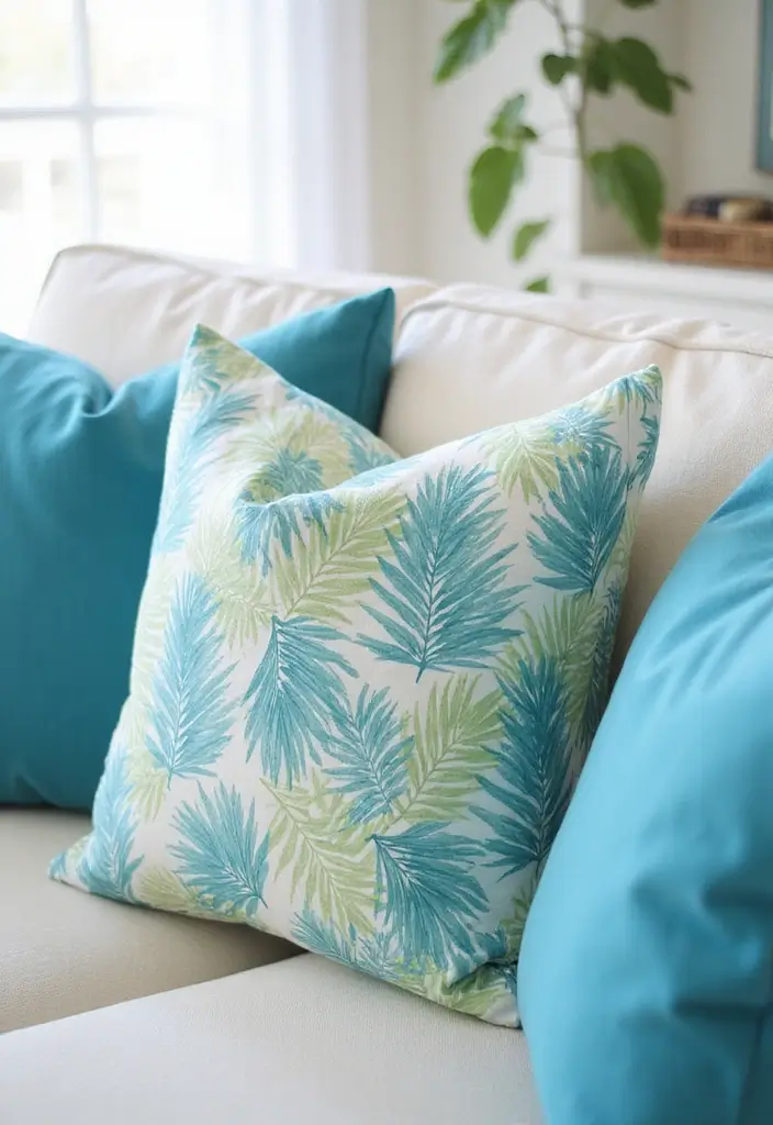 27 Blue Sofa Pillow Ideas That Bring Coastal Calm Energy 5 27 Blue Sofa Pillow Ideas That Bring Coastal Calm Energy - 5. Tropical Palms and Leaves