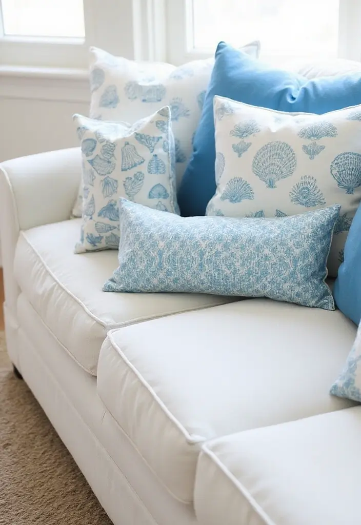 27 Blue Sofa Pillow Ideas That Bring Coastal Calm Energy 7 27 Blue Sofa Pillow Ideas That Bring Coastal Calm Energy - 7. Beachy Seashell Prints