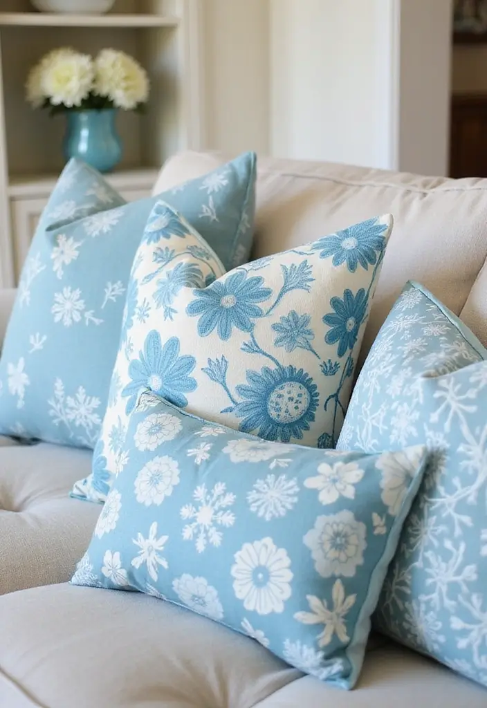 27 Blue Sofa Pillow Ideas That Bring Coastal Calm Energy 9 27 Blue Sofa Pillow Ideas That Bring Coastal Calm Energy - 9. Floral Blues for a Fresh Touch