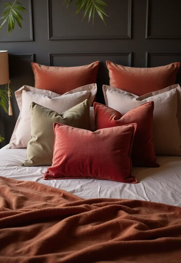 27 Decorative Pillows on Beds That Create a Luxe Look 1 27 Decorative Pillows on Beds That Create a Luxe Look - 1. Velvet Dreams