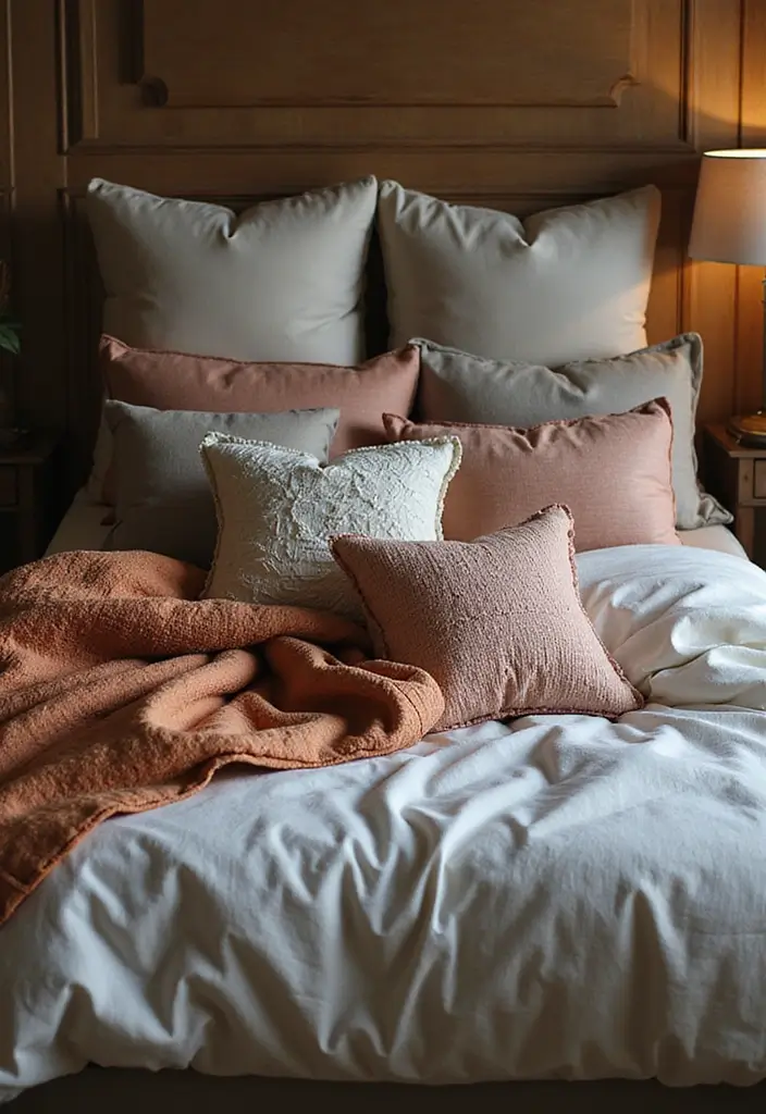 27 Decorative Pillows on Beds That Create a Luxe Look 13 27 Decorative Pillows on Beds That Create a Luxe Look - 13. Layered Textiles