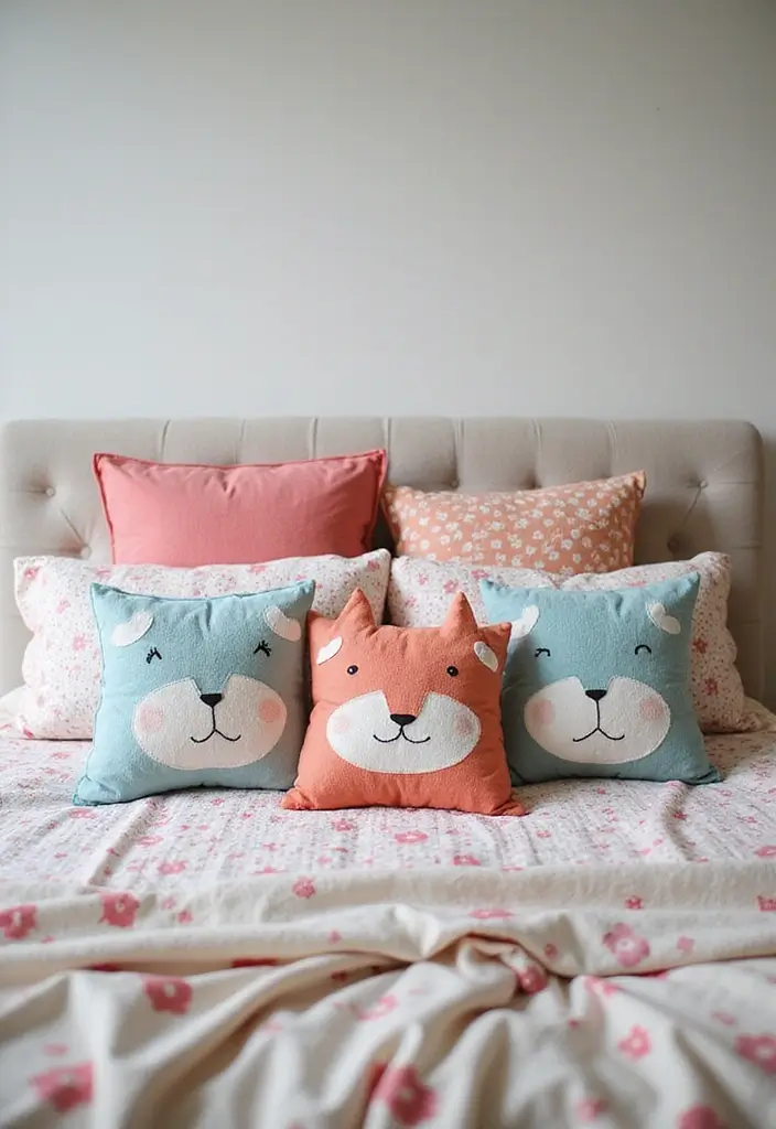 27 Decorative Pillows on Beds That Create a Luxe Look 16 27 Decorative Pillows on Beds That Create a Luxe Look - 16. Whimsical Touches