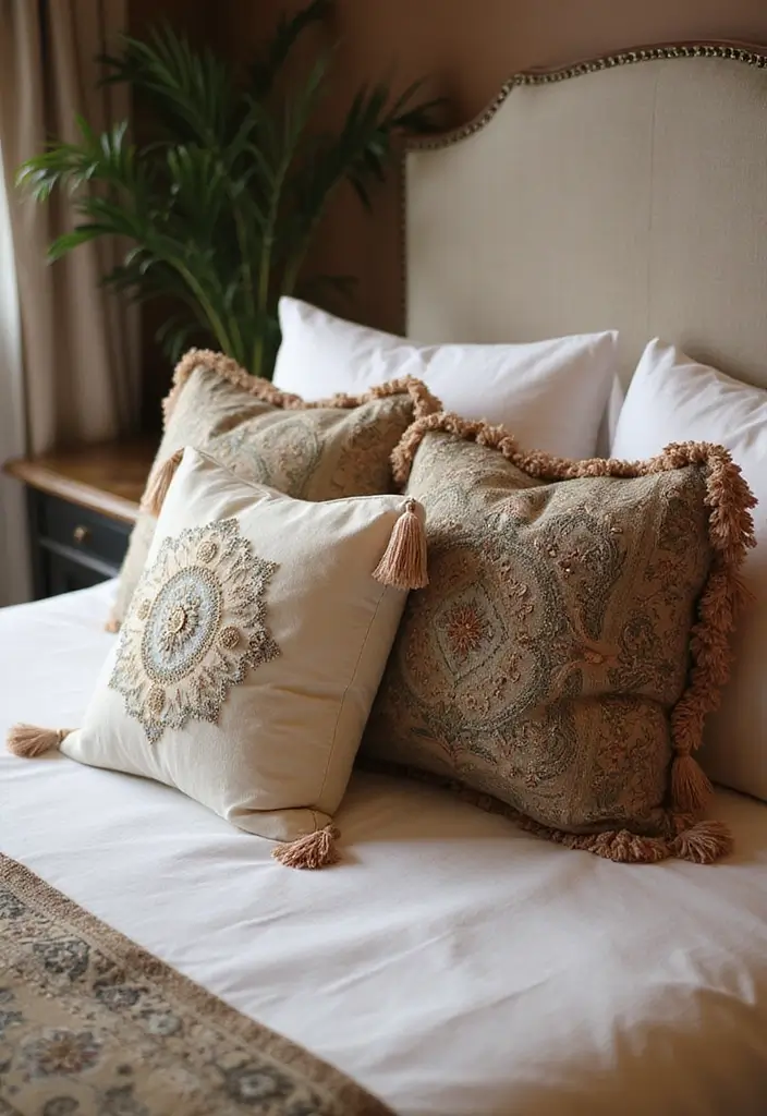 27 Decorative Pillows on Beds That Create a Luxe Look 18 27 Decorative Pillows on Beds That Create a Luxe Look - 18. Elegant Embellishments