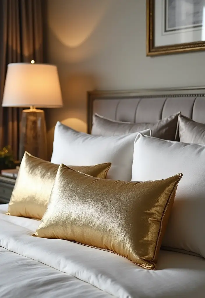 27 Decorative Pillows on Beds That Create a Luxe Look 2 27 Decorative Pillows on Beds That Create a Luxe Look - 2. Metallic Accents