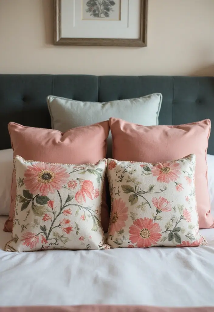27 Decorative Pillows on Beds That Create a Luxe Look 22 27 Decorative Pillows on Beds That Create a Luxe Look - 22. Artistic Floral Prints