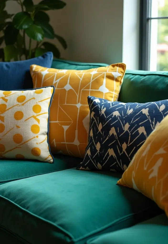 27 Pillows for a Green Couch That Balance Bold and Neutral Tones 1 27 Pillows for a Green Couch That Balance Bold and Neutral Tones - 1. Geometric Patterns in Bold Shades