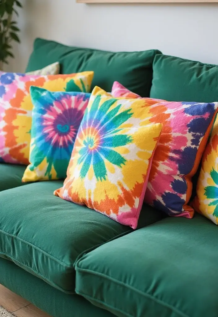 27 Pillows for a Green Couch That Balance Bold and Neutral Tones 10 27 Pillows for a Green Couch That Balance Bold and Neutral Tones - 10. Tie-Dye Trend