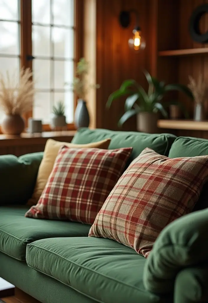27 Pillows for a Green Couch That Balance Bold and Neutral Tones 11 27 Pillows for a Green Couch That Balance Bold and Neutral Tones - 11. Rustic Charm with Plaids