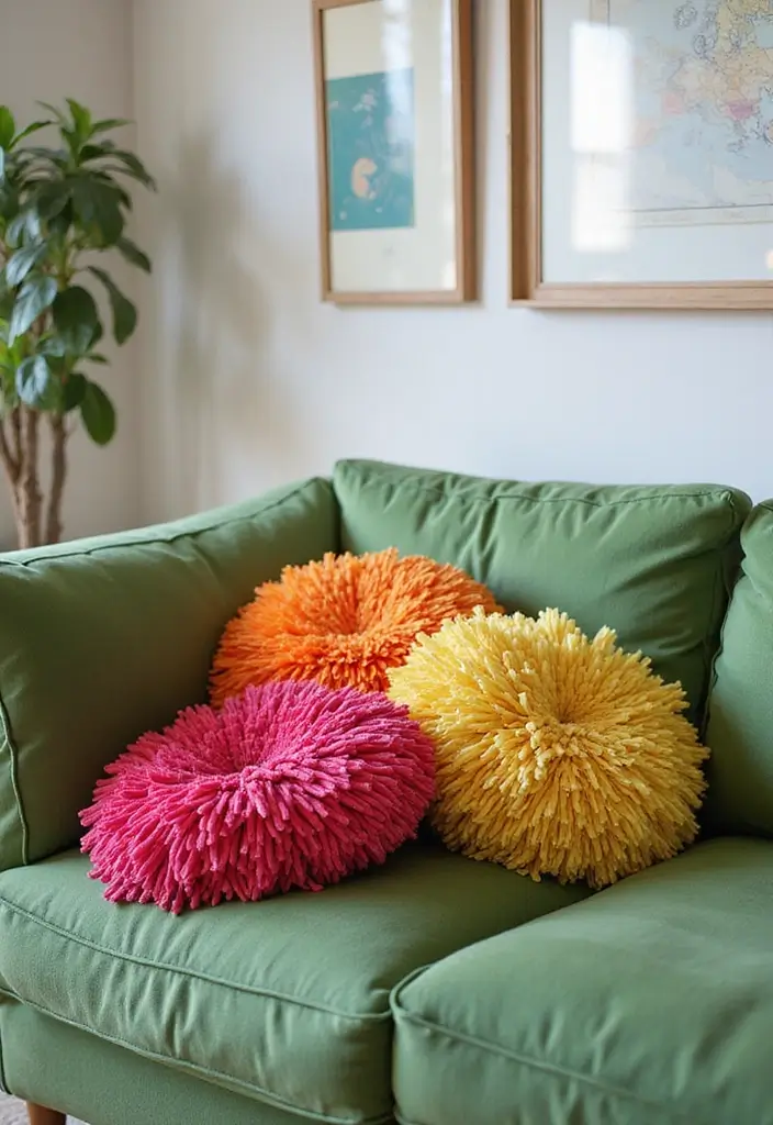 27 Pillows for a Green Couch That Balance Bold and Neutral Tones 12 27 Pillows for a Green Couch That Balance Bold and Neutral Tones - 12. Playful Pom-Poms