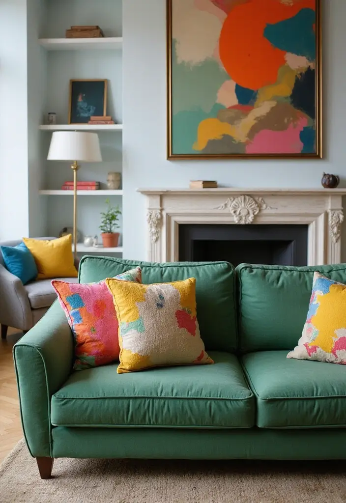 27 Pillows for a Green Couch That Balance Bold and Neutral Tones 13 27 Pillows for a Green Couch That Balance Bold and Neutral Tones - 13. Art-Inspired Pillows