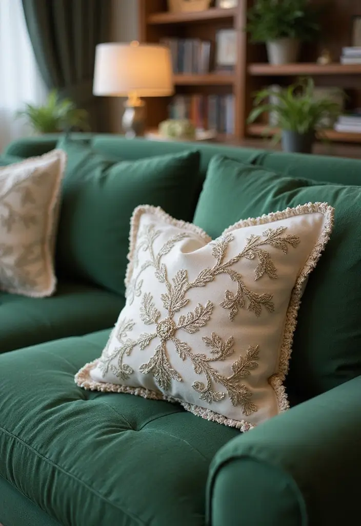 27 Pillows for a Green Couch That Balance Bold and Neutral Tones 17 27 Pillows for a Green Couch That Balance Bold and Neutral Tones - 17. Charming Embroidery Details