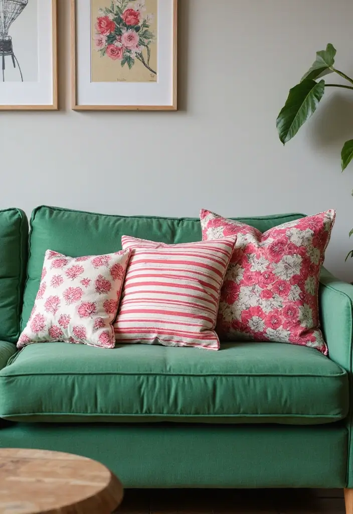 27 Pillows for a Green Couch That Balance Bold and Neutral Tones 18 27 Pillows for a Green Couch That Balance Bold and Neutral Tones - 18. Transitional Decor with Mixed Patterns