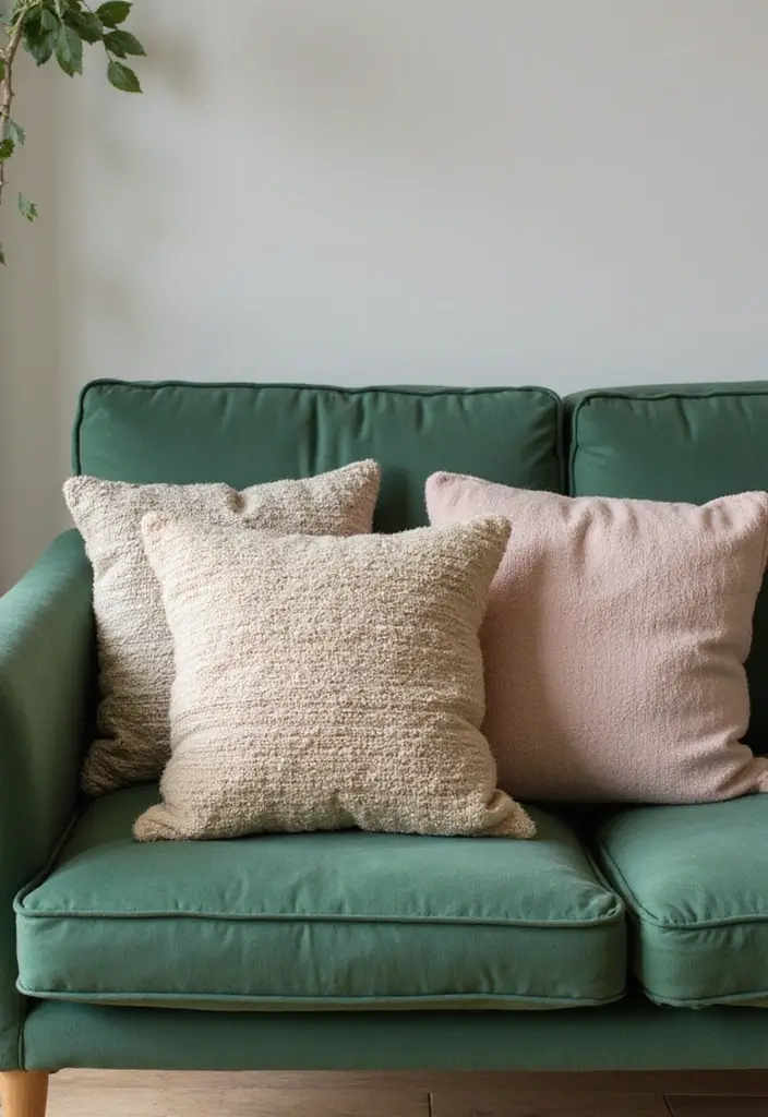 27 Pillows for a Green Couch That Balance Bold and Neutral Tones 19 27 Pillows for a Green Couch That Balance Bold and Neutral Tones - 19. Textured Weaves for a Cozy Aesthetic