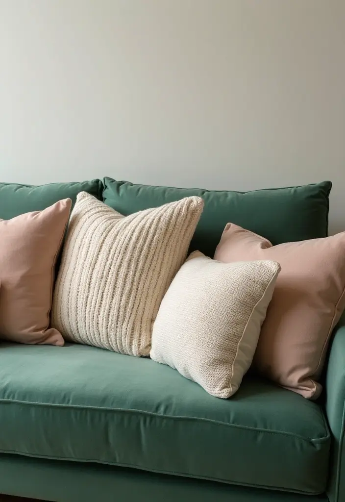 27 Pillows for a Green Couch That Balance Bold and Neutral Tones 2 27 Pillows for a Green Couch That Balance Bold and Neutral Tones - 2. Soft Textures for Cozy Vibes