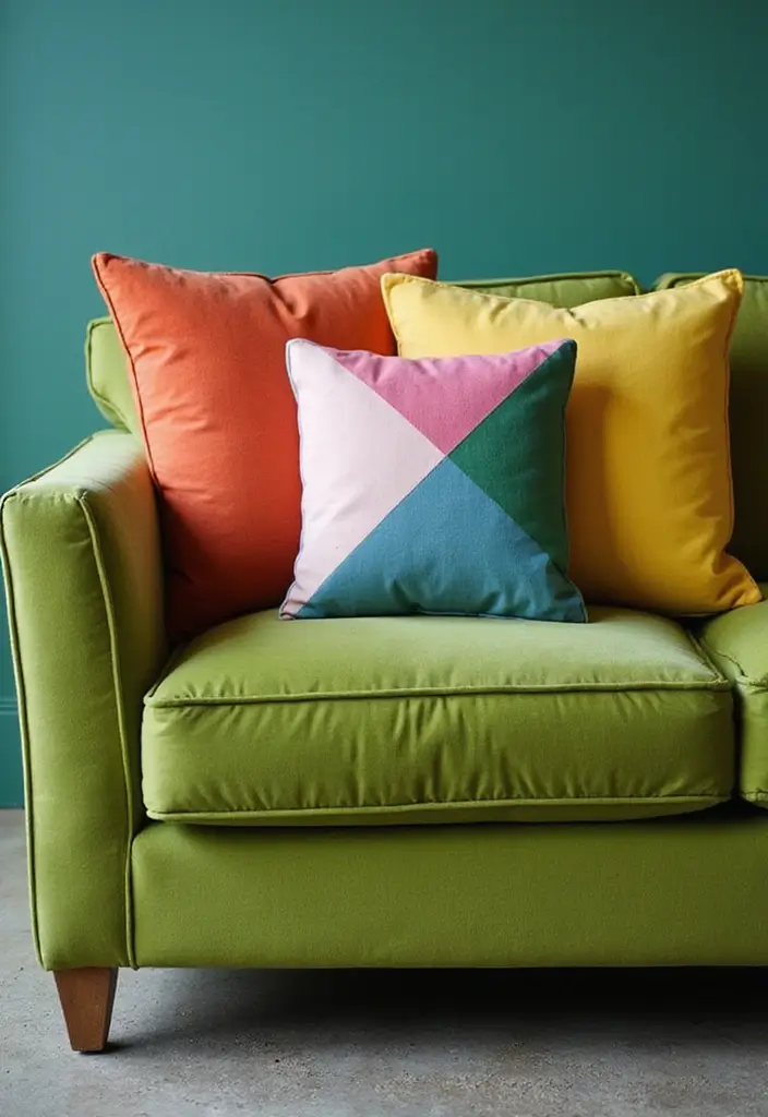27 Pillows for a Green Couch That Balance Bold and Neutral Tones 20 27 Pillows for a Green Couch That Balance Bold and Neutral Tones - 20. Utilizing Color Blocking