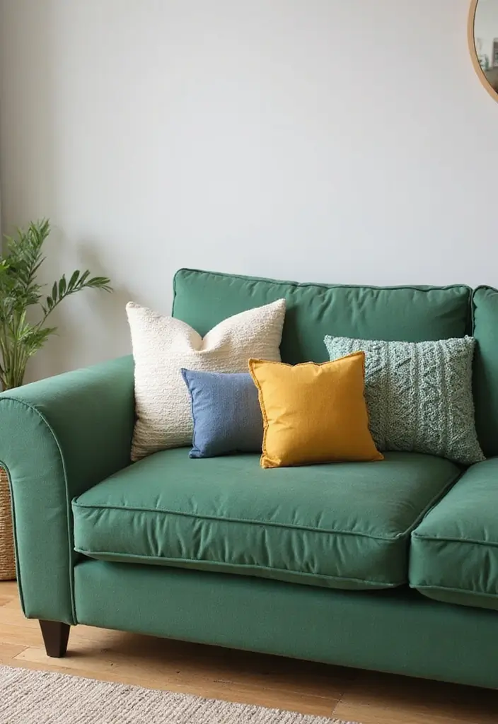 27 Pillows for a Green Couch That Balance Bold and Neutral Tones 21 27 Pillows for a Green Couch That Balance Bold and Neutral Tones - 21. Layering for Depth and Interest
