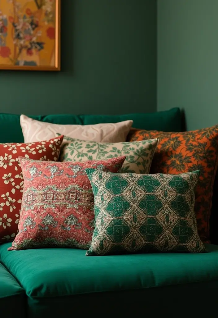 27 Pillows for a Green Couch That Balance Bold and Neutral Tones 26 27 Pillows for a Green Couch That Balance Bold and Neutral Tones - 26. Exploring Cultural Textiles