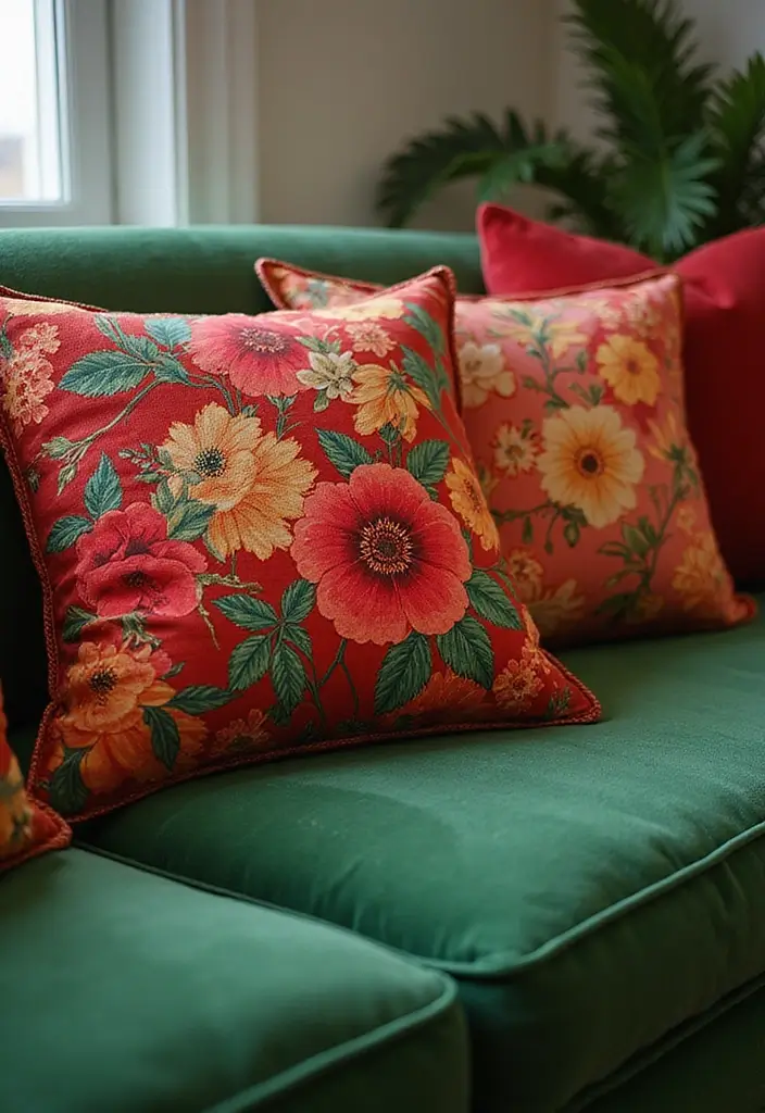 27 Pillows for a Green Couch That Balance Bold and Neutral Tones 4 27 Pillows for a Green Couch That Balance Bold and Neutral Tones - 4. Striking Floral Designs