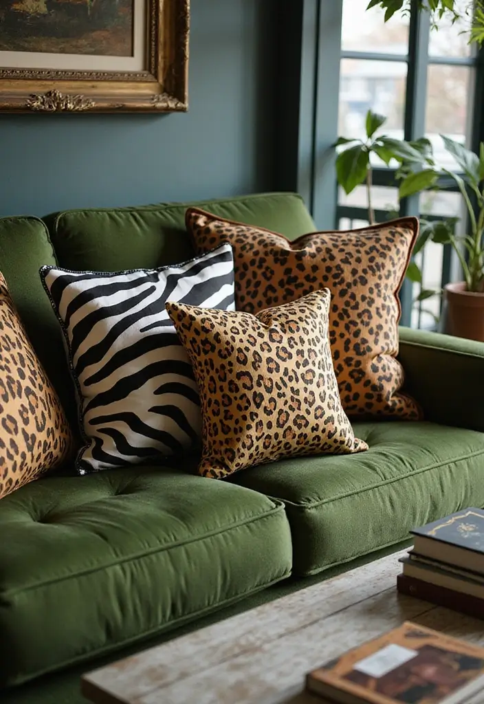 27 Pillows for a Green Couch That Balance Bold and Neutral Tones 5 27 Pillows for a Green Couch That Balance Bold and Neutral Tones - 5. Bold Animal Prints
